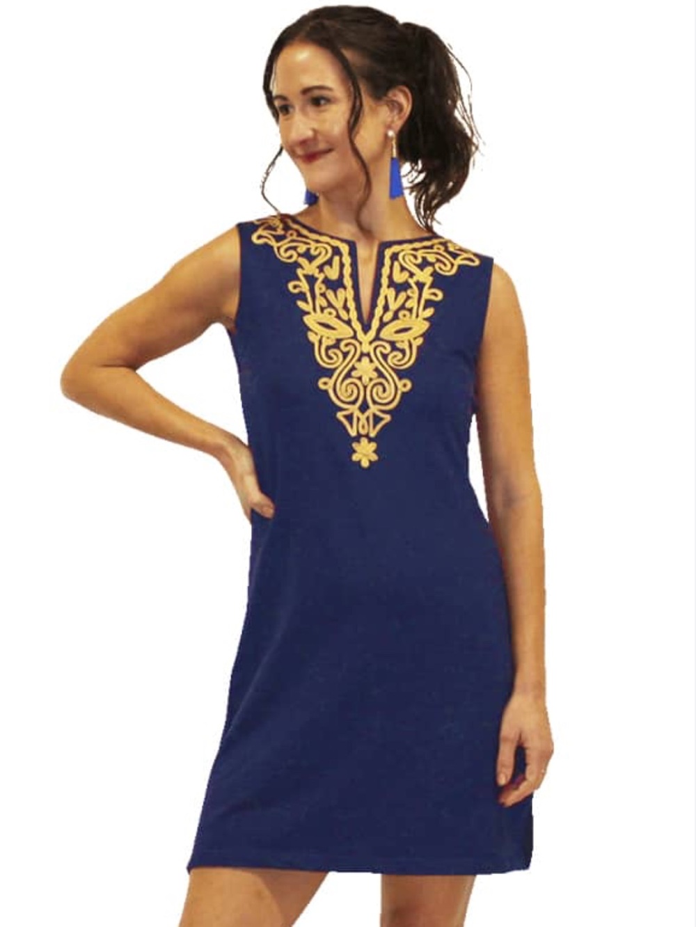 Barbara Gerwit Terry Embroidered Dress Navy w/ Gold Detailing Small NWTS
